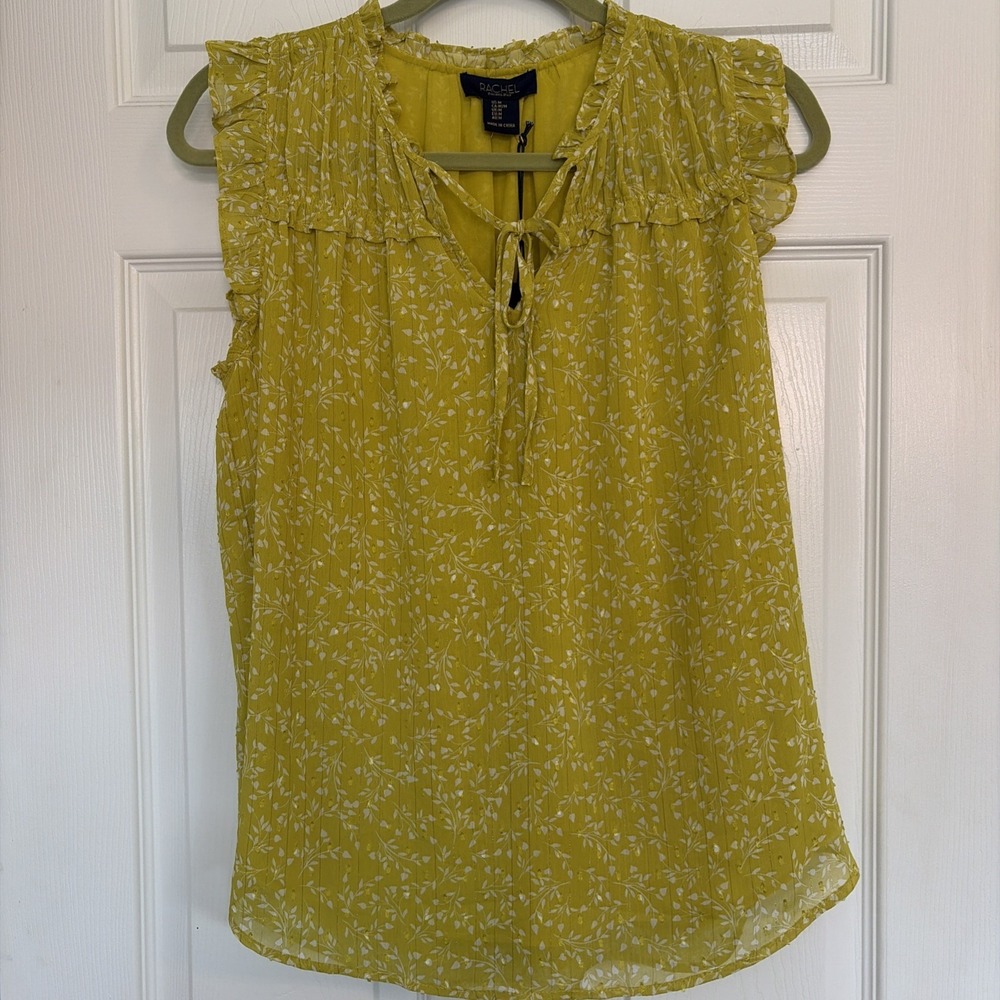 Rachel Roy Tie Neck Flutter Sleeve Top Size Medium Yellow/Green Chiffon Floral